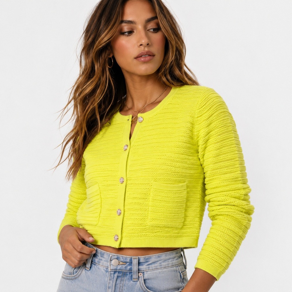 Nanette Lepore Neon Yellow Ribbed Cropped Cardigan Gold Button Front Size L